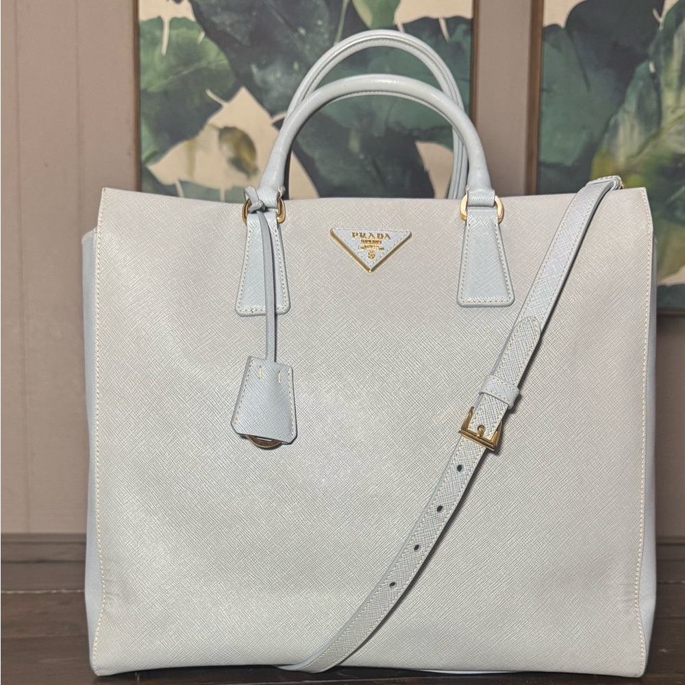 Authentic Prada Powder Blue Convertible Lux Saffiano Leather Tote Gold Hardware